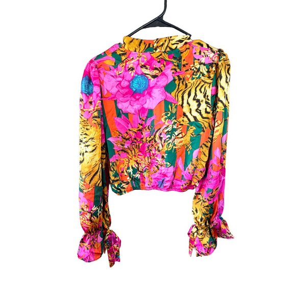 Dee Elly Raja Tiger Tie Neck Crop Blouse Hot Pink Floral Animal Print Size Large - Picture 9 of 9